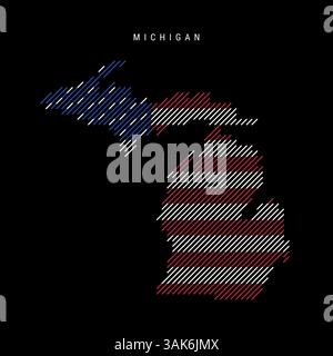 Michigan US-Bundesstaat USA schraffierte Silhouettenkarte mit schrägen parallelen Linien Muster in den Farben der amerikanischen Flagge, strukturierte stilisierte Karte. Vektorillustrat Stock Vektor