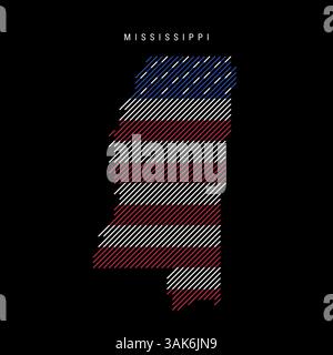 Mississippi US-Bundesstaat schraffierte Silhouettenkarte mit schrägen parallelen Linien in den Farben der amerikanischen Flagge, strukturierte stilisierte Karte. Vektorillust Stock Vektor