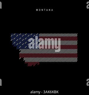 Montana US-Bundesstaat USA schraffierte Silhouettenkarte mit schrägen parallelen Linien Muster in den Farben der amerikanischen Flagge, strukturierte stilisierte Karte. Vektorillustraten Stock Vektor