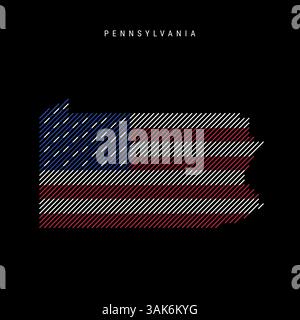 Pennsylvania US State schraffierte Silhouettenkarte mit schrägen parallelen Linien Muster in den Farben der amerikanischen Flagge, strukturierte stilisierte Karte. Vektorillus Stock Vektor