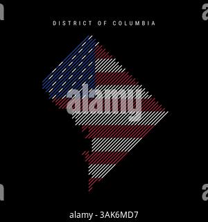 Washington DC schraffierte Silhouettenkarte mit schrägen parallelen Linien Muster in den Farben der amerikanischen Flagge, strukturierte stilisierte Karte. Vektorabbildung Stock Vektor