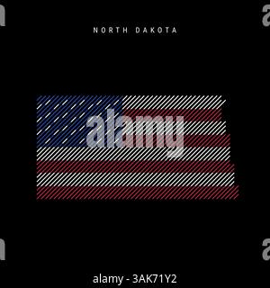 North Dakota US-Bundesstaat USA schraffierte Silhouettenkarte mit schrägen parallelen Linien in den Farben der amerikanischen Flagge, strukturierte stilisierte Karte. Vektorillus Stock Vektor
