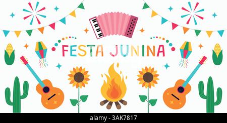 Festa Junina. Farbenfrohes symmetrisches Design auf hellem Hintergrund. Banner, Poster, Postkarte Stock Vektor