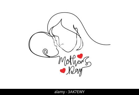 Happy Mother's Day Concept, einzeilige Zeichnung, Muttertagsmutter und Baby in einzeiliger Zeichnung Stock Vektor