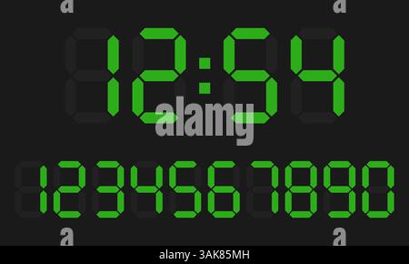Digitaluhr und Zahlensatz, elektronische Zahlen, hellgrüne digitale LED-Nummern Stock Vektor