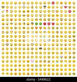 Riesige Auswahl an Vektor-Emoticons, verschiedene Emoji-Gesichter, flache Symbole Stock Vektor