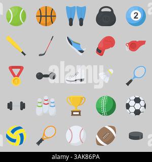 Set von Vektorsymbolen in flachen Sportaccessoires, Fußball Stock Vektor