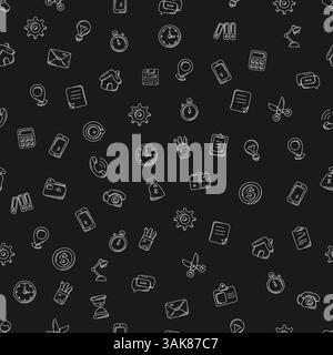 Nahtloses Muster im Doodle-Stil, weiße Business-Ikonen auf schwarzem Hintergrund, der einen Umschlag darstellt Stock Vektor