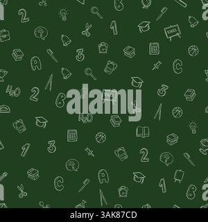 Nahtloses Muster auf der grünen Kreidetafel der Schule im Doodle-Stil Schulsymbole Zahlen, Glühbirne, Glocke, Wecker, Aktentasche, Pen, Allergie Stock Vektor