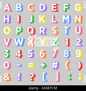 Vektoralphabet mit Buchstaben und Symbolen im 3D-Stil, mehrfarbig für Schule und Unterricht Stock Vektor
