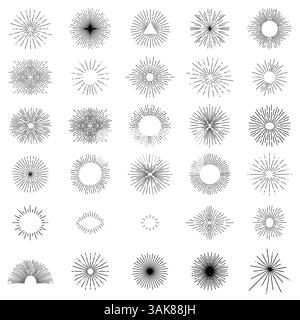 Vintage Sunburst Explosion handgezeichnete Designelemente Feuerwerk schwarze Strahlen, Set mit schwarzen Sunbursts Grafikelementen Stock Vektor