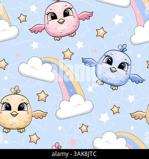 Nahtloses Muster mit Vögeln und Regenbögen. Niedliche Zeichentrickvektorillustration auf einem blauen Hintergrund mit Sternen. Stock Vektor
