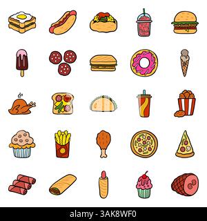 Ein großer Satz von Vektorsymbolen Fast Food in flachem Stil, der Hot Dog, Wurst, Pizza, Burger und Hühnchengrill darstellt Stock Vektor