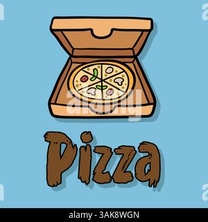 Vektorbanner in flacher Pizza-Art in einem Kasten mit Textschatten auf blauem Hintergrund Stock Vektor