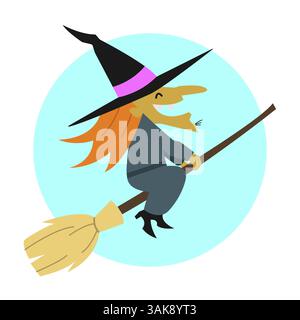 Einfache flache Illustration einer alten Hexe, die auf einem Besen fliegt und mit einer Tasche auf dem Rücken lächelt Stock Vektor