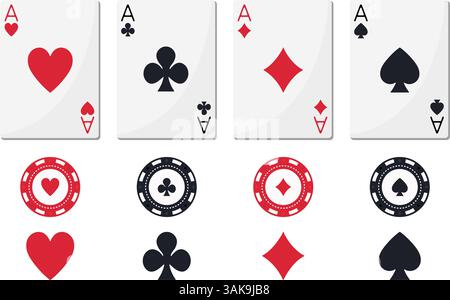 Pokerset mit Assen, Pokerchips und Spielkartenanzügen: Pik, Herz, Diamanten, Clubs. Klassisches flaches Farbvektorset Stock Vektor