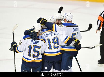Dezember 2016.St. Louis Blues Center Patrik Berglund (21) feiert 2-2 mit dem St. Louis Blues Center Robby Fabbri (15) und dem St. Louis Blues Defenseman Colton Parayko (55) und dem St. Louis Blues Defenseman Jay Bouwmeester (19) während eines Spiels zwischen den St Louis Blues und den Dallas Stars im American Airlines Center in Dallas Texas. Manny Flores/Cal Sport Media Stockfoto