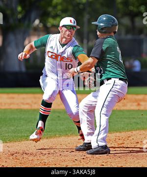 5. März 2017 - Coral Gables, FL, USA - Miami Shortstop Romy Gonzalez (10) jagt Dartmouth Justin Fowler (25) am Sonntag, 5. März 2017 in Coral Gables, Florida. (Bild: © Patrick Farrell/TNS via ZUMA Wire) Stockfoto