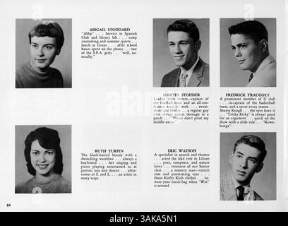 Dieses Jahrbuch der High School aus dem Jahr 1959 erfasst die Veranstaltungen, Schüler, Lehrer, Vereine und Leichtathletik der University High School im akademischen Jahr 1958-1959. Es dient als historische Aufzeichnung des Schullebens und der Aktivitäten. Stockfoto