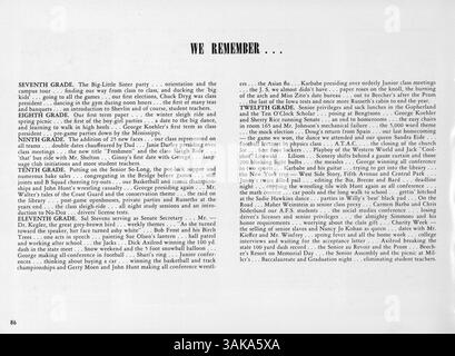Dieses Jahrbuch der High School 1959 erfasst das akademische Jahr mit Fotos von Studenten, Lehrkräften, Vereinen und Leichtathletik an der University High. Es dient als umfassende Aufzeichnung des Schullebens während des Jahres 1958-1959. Stockfoto