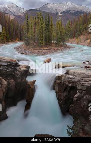 123 Upper Sunwapta Falls, Sunwapta River (turbulent Waters), Peaks Shackle, Endless Ridge und Shackle NW2 im N-NE Hintergrund. Jasper NP-ab-Kanada. Stockfoto