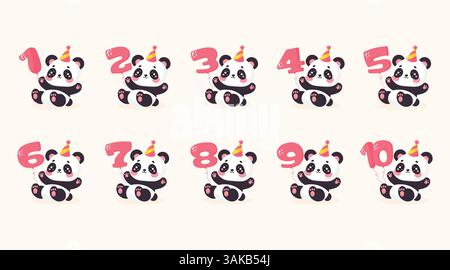 Niedlicher Panda-Satz mit Jahrestag-Zahlen 1 bis 10 flache Vektor-Illustration. Stock Vektor