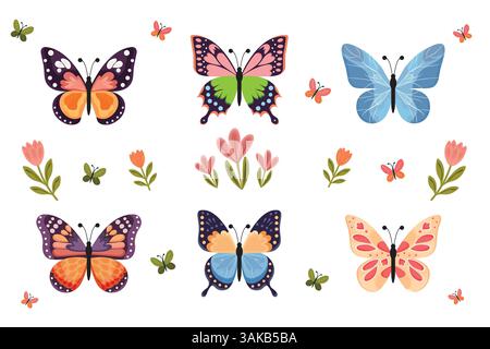 Frühling Set Blumen und Schmetterlinge Vektor Illustration. Stock Vektor