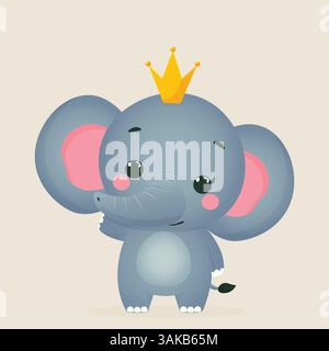 Niedlicher Elefant, Der Krone Trägt Flache Vektor-Illustration Isoliert. Stock Vektor