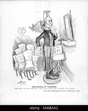 Diese Abbildung zeigt Onkel Sam, wie er seine Fliege und seinen Halo anpasst, während er Rechnungen wie Staatlichkeit, Philippine Tariff und Pure Food wegschwenkt. Ein Kalender markiert den 14. Februar und ein Schild mit der Aufschrift "zwei Herzen, die wie eins schlagen". Der Titel lautet: "Onkel Sam, geh hin und setz dich zurück. Siehst du nicht, dass ich eine Hochzeit habe?" Alice Roosevelt, Tochter von Präsident Theodore Roosevelt, heiratete. Stockfoto
