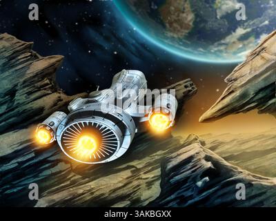 Futuristisches Raumschiff, das über einen felsigen außerirdischen Planeten reist. Digitale Illustration. Stockfoto