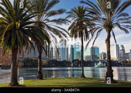 Januar 2015 - Orlando, FL, Vereinigte Staaten von Amerika - Blick auf die Skyline über den Lake Eola und Palmen in Orlando, Florida. Lake Eola Park liegt im Herzen der Innenstadt von Orlando und Heimat des Walt Disney Amphitheaters. (Bild: © Richard Ellis Via ZUMA Wire) Stockfoto