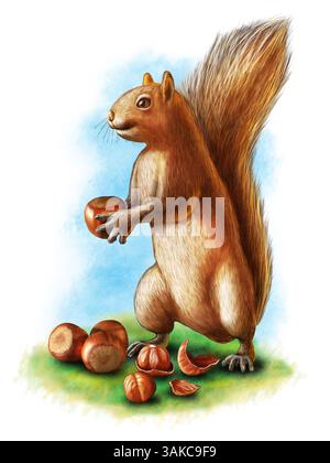 Ein niedliches braunes Eichhörnchen, das eine Haselnuss hält. Andere Haselnüsse, einschließlich einer gerissenen, auf dem Boden. Digitale Illustration. Stockfoto