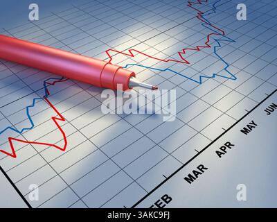 Dokument mit einigen Börsentrends. Ein roter Plastikstift liegt über dem Diagramm. Digitale Illustration. Stockfoto