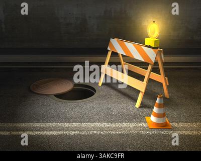 Unter Baubarriere und Verkehrskegel auf einer Stadtstraße. Digitale Illustration. Stockfoto