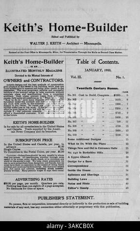 Keith's Home-Builder-Magazin von 1900, herausgegeben von Architekt Walter J. Keith, liefert Hausentwürfe mit Grundrissen, Beschreibungen und Kosten. Es enthält Artikel über Wohngebäude, Inneneinrichtung und Werbespots für Möbel. Stockfoto