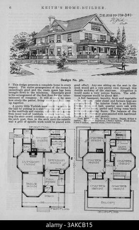Keith's Home-Builder, eine Publikation von Walter J. Keith aus dem Jahr 1900, enthält zwölf Ausgaben, die Wohndesigns, einschließlich detaillierter Grundrisse und Illustrationen, zeigen. Es enthält Artikel über Wohnbau, Innenarchitektur und Landschaftsarchitektur sowie Werbung für Baumaterialien und Wohnmöbel. Einige Themen konzentrieren sich auf Pläne für Schulen und Kirchen. Stockfoto