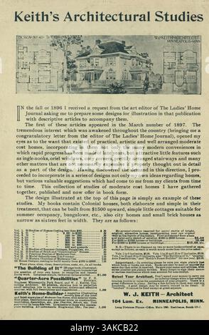Keith's Home-Builder-Magazin von 1900, herausgegeben von Architekt Walter J. Keith, liefert Hausentwürfe mit Grundrissen, Beschreibungen und Kosten. Es enthält Artikel über Wohngebäude, Inneneinrichtung und Werbespots für Möbel. Stockfoto