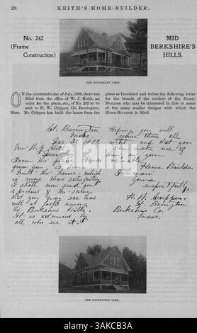 Keith's Home-Builder, der monatlich 1900 veröffentlicht wurde, enthält Grundrisse, Architekturillustrationen und Kostenvoranschläge für Hausentwürfe. Es enthält Artikel über Wohnbau, Inneneinrichtung und Landschaftsgestaltung sowie Werbung für Baumaterialien, Wohnmöbel und Accessoires. Stockfoto