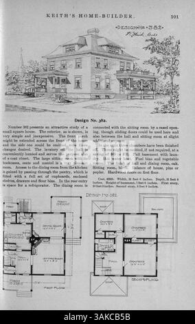 Keith's Home-Builder, veröffentlicht 1900 monatlich von Walter J. Keith, enthält zwölf Ausgaben zu Hausentwürfen, Grundrissen und Baukosten. Das Magazin enthält Artikel über Wohnbau, Innenarchitektur und Werbung für Materialien und Zubehör. Einige Ausgaben enthalten auch Baupläne für Kirchen und Schulen. Stockfoto
