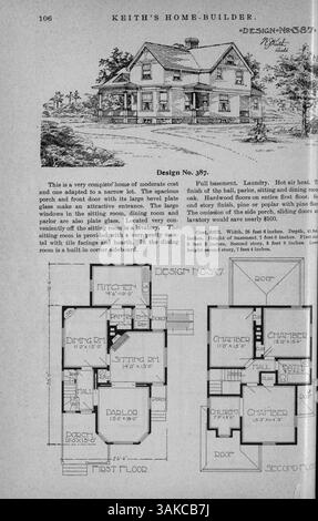 Die 1900 erschienene Ausgabe von Keith's Home-Builder, veröffentlicht von Walter J. Keith, enthält zwölf monatliche Ausgaben mit Hausentwürfen, Grundrissen, Fotografien und detaillierten Baukosten. Das Magazin befasst sich mit Wohnbau, Inneneinrichtung und Landschaftsgestaltung und bietet Werbespots für Materialien und Möbel. Einige Ausgaben enthalten Pläne für Schulen und Kirchen. Stockfoto