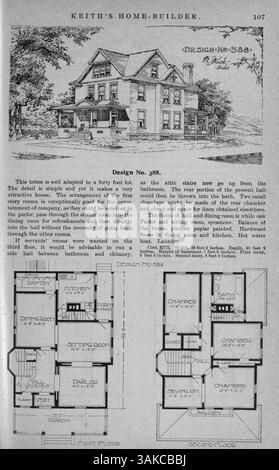Walter J. Keith's Home-Builder von 1900 enthält zwölf Ausgaben, in denen Hausentwürfe, Grundrisse und damit verbundene Kosten detailliert beschrieben werden. Es umfasst auch Wohnbau, Innenarchitektur und Landschaftsgestaltung, mit Werbung für Möbel und Baumaterialien. Einige Ausgaben enthalten Pläne für Kirchen und Schulen. Stockfoto
