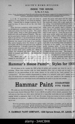 Keith's Home-Builder Magazine, veröffentlicht 1900 von Walter J. Keith, liefert Hausentwürfe, Grundrisse und detaillierte Baubeschreibungen. Es enthält auch Artikel über den Wohnungsbau, die Innenarchitektur und Werbung für Baumaterialien. Stockfoto