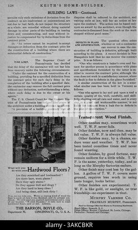 Walter J. Keith's Home-Builder, veröffentlicht 1900, zeigt Hausentwürfe mit detaillierten Grundrissen, Baukosten und Artikeln über Wohnbau, Inneneinrichtung und Landschaftsgestaltung. Es enthält auch Werbespots für Materialien und Möbel. Stockfoto