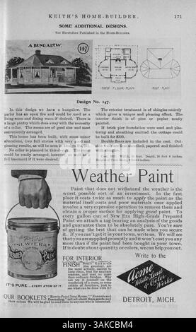 Keith's Home-Builder, monatlich im Jahr 1900 von Walter J. Keith veröffentlicht, zeigt architektonische Entwürfe mit Grundrissen, Illustrationen und Fotografien von Häusern in verschiedenen Stilen. Das Magazin enthält Kostenschätzungen und detaillierte Beschreibungen für Wohnhäuser sowie Artikel über Wohnbau, Inneneinrichtung und Landschaftsgestaltung mit Werbung für Wohnmöbel und Materialien. Stockfoto