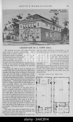 Keith's Home-Builder, monatlich im Jahr 1900 veröffentlicht, bot eine Vielzahl von Wohnentwürfen mit Grundrissen, detaillierten Kostenaufteilungen und Artikeln über Wohngebäude und Einrichtung an. Es enthielt auch Werbung für Wohnmöbel, Accessoires und Baumaterialien sowie Pläne für Kirchen und Schulen. Stockfoto