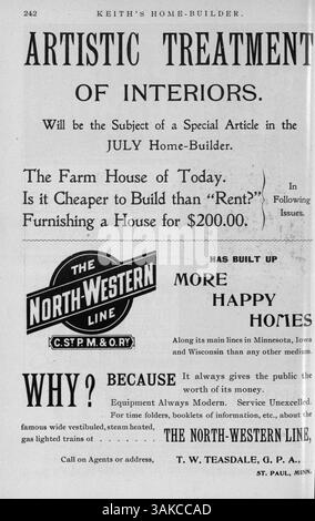 Keith's Home-Builder, veröffentlicht 1900, enthält monatliche Ausgaben mit Hausbauentwürfen, einschließlich Grundrissen, Fotos und detaillierten Beschreibungen. Die Artikel umfassen Architektur, Innenarchitektur und Landschaftsplanung sowie Werbung für Baustoffe und Wohnmöbel. Stockfoto