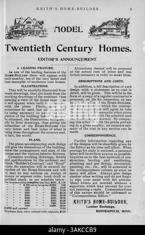 Keith’s Home-Builder, herausgegeben von Walter J. Keith im Jahr 1900, war eine Publikation, die Grundrisse, Entwurfsillustrationen und Baukosten für Häuser in verschiedenen Stilen anbot. Das Magazin widmete sich auch Themen wie Landschaftsarchitektur, Wohnungsbau und zeigte Werbung für Baumaterialien und Möbel, mit gelegentlichen Plänen für Schulen und Kirchen. Stockfoto