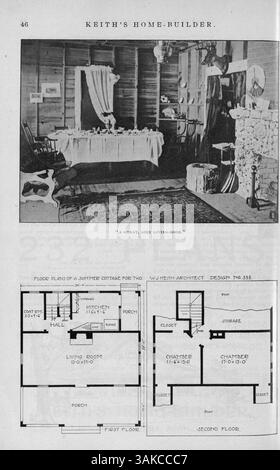 Das Keith's Home-Builder Magazin, das erstmals 1900 veröffentlicht wurde, bietet architektonische Entwürfe und Artikel über das Bauen von Häusern. Es umfasst Grundrisse, Gebäudebeschreibungen und Kostenschätzungen für Wohnhäuser, Schulen und Kirchen sowie Ideen für die Innenarchitektur und Landschaftsgestaltung. Stockfoto