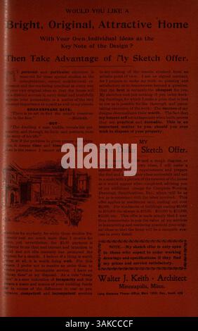 Zwölf Ausgaben von Keith's Home-Builder, veröffentlicht monatlich vom Minneapolis-Architekten Walter J. Keith. Das Magazin zeigt verschiedene Hausentwürfe mit Grundrissen und Illustrationen, die detaillierte Gebäudebeschreibungen und Kostenschätzungen enthalten. Es enthält auch Artikel über Wohnbau, Innenarchitektur und Landschaftsarchitektur sowie Werbung für Baustoffe und Wohnmöbel. Stockfoto