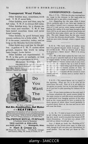Keith's Home-Builder, erstmals 1900 vom Architekten Walter J. Keith veröffentlicht, enthält monatliche Ausgaben zu Hausentwürfen, Grundrissen und Baukosten. Es bietet detaillierte Beschreibungen von Hausstilen, Innendekorationsartikeln und Ideen zur Landschaftsgestaltung. Werbung in der Zeitschrift wirbt für Wohnmöbel, Baumaterialien und Baudienstleistungen. Einige Ausgaben enthalten auch Baupläne für Kirchen, Schulen und andere Strukturen. Stockfoto
